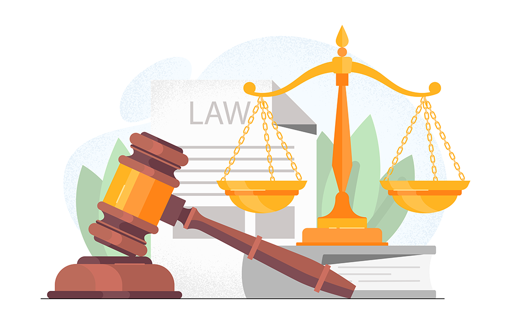 Illustrated gavel, scale, law document, and large book